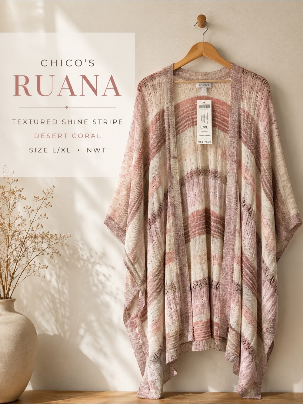 Chico’s Open Front Striped Knit Kimono Cardigan NWT Size L/XL